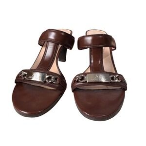 Anne Klein iflex Womens Brown Leather T-Strap Heeled Mules Silver Hardware 8.5M